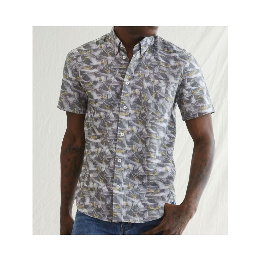 Billy Reid Tuscumbia Bird Print Shirt Grey XL Made in Italy Cotton Linen Blend